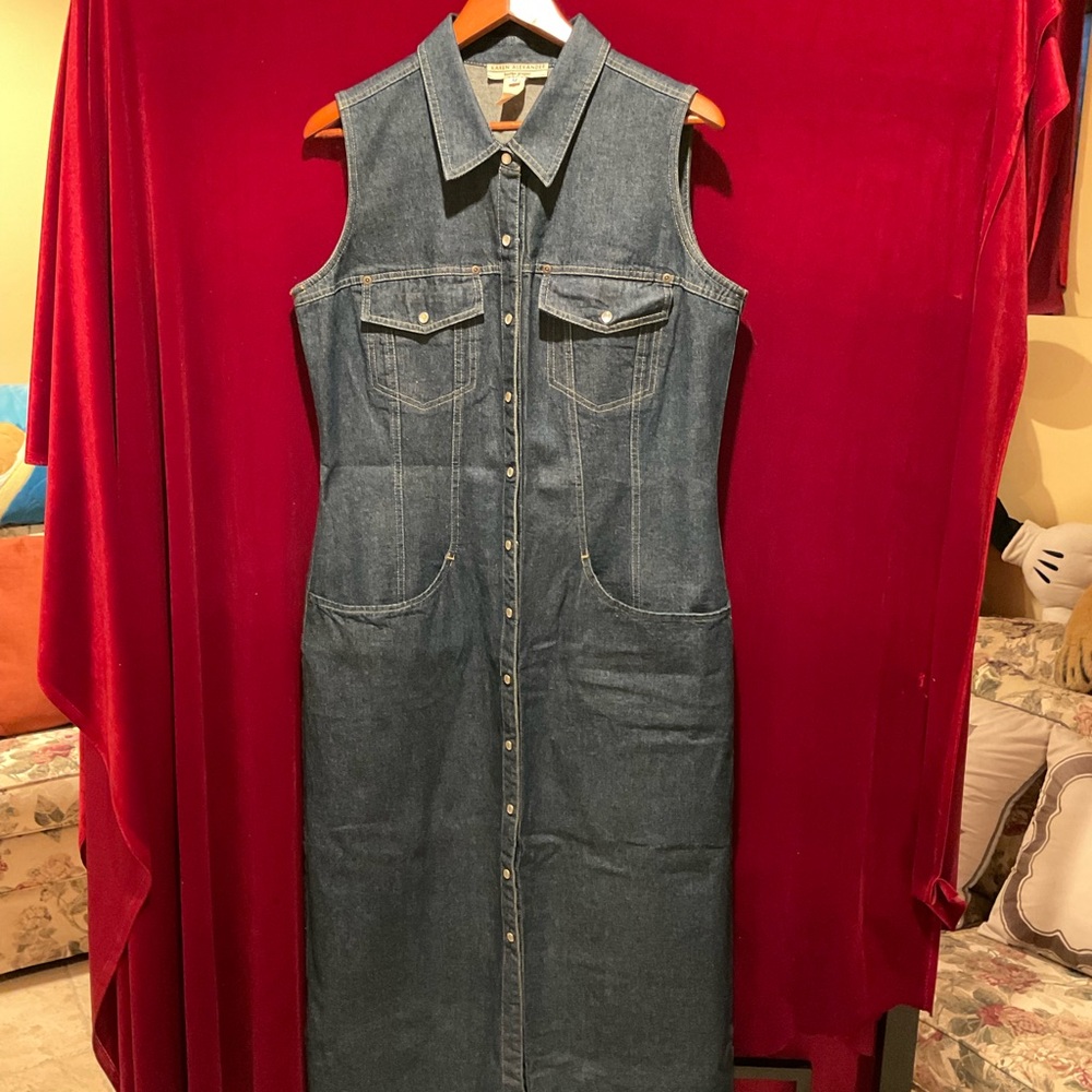 Karen Alexander Vintage Denim Jean Maxi Dress Pearl Snap Buttons Great Condition